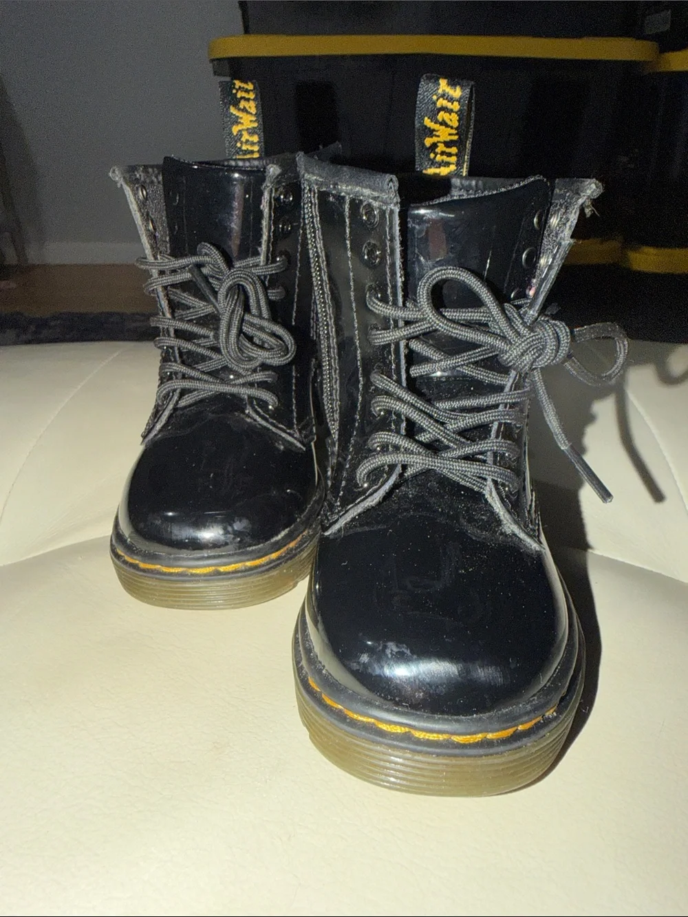 Dr. Martens Kids Black Patent Leather Lace-Up Boots with Yellow Stitching